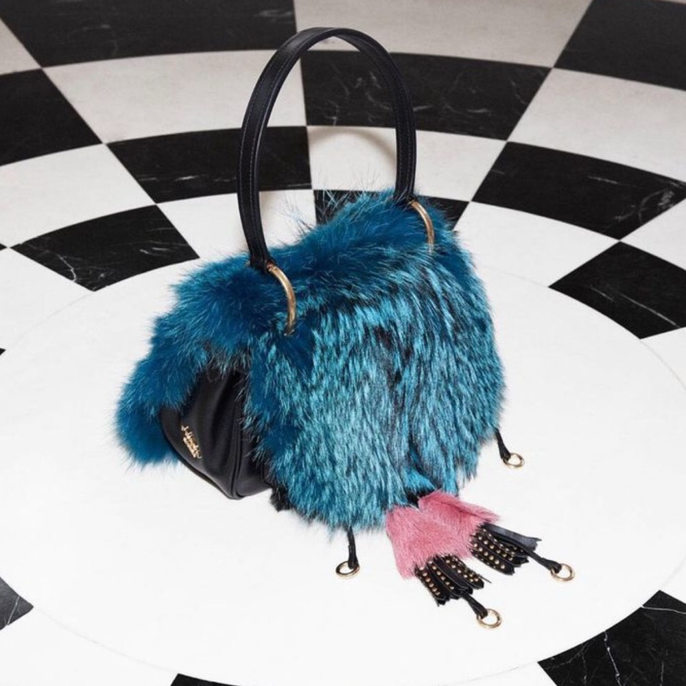 PRADA CORSAIRE FOX-FUR AND LEATHER SHOULDER BAG IN BLUE - Picture 13 of 13